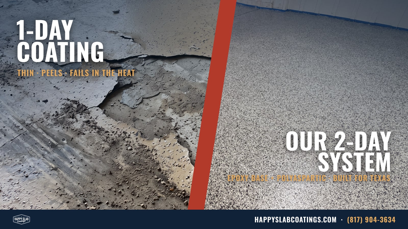 A peeling 1-day garage floor coating beside a Happy Slab 2-day epoxy and polyaspartic flake floor