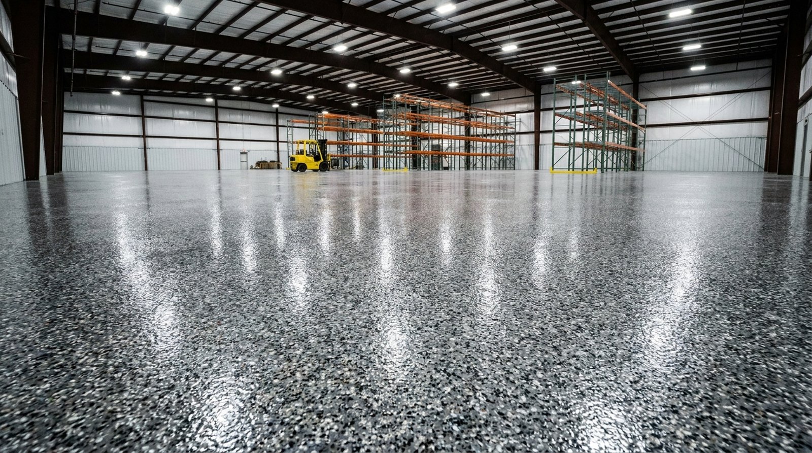 A large commercial building in North Texas with a glossy gray flake epoxy coated concrete floor