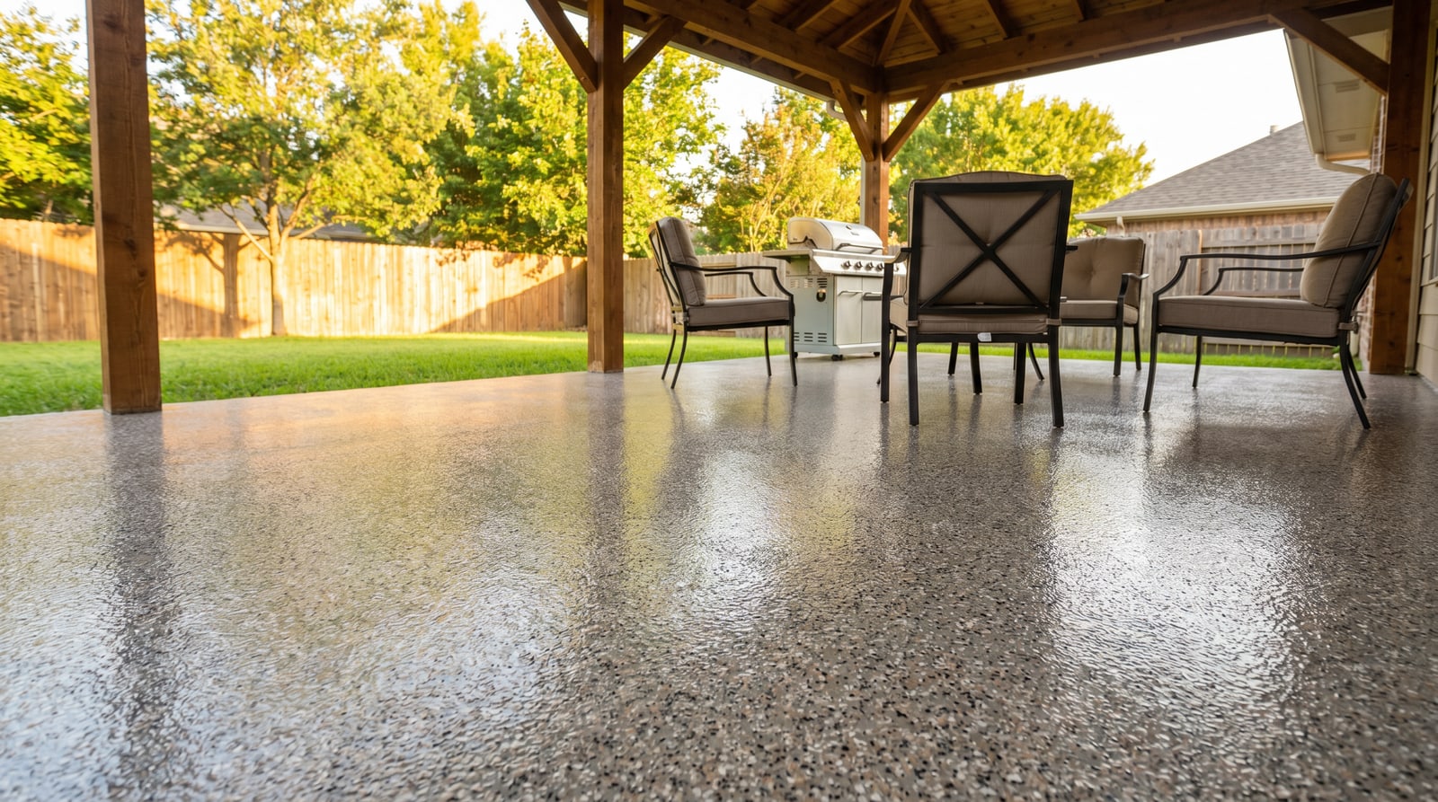 A covered back patio in Texas with a glossy tan and gray flake coated concrete floor