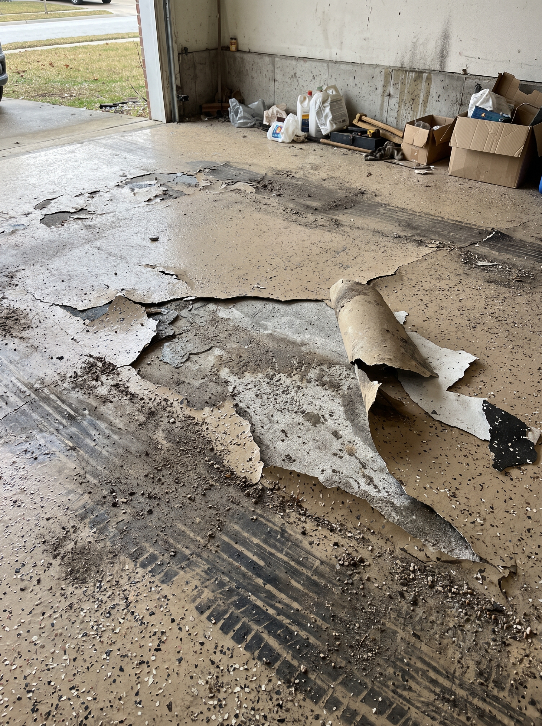 A cheap epoxy garage floor coating peeling and lifting off the concrete slab in a Texas garage