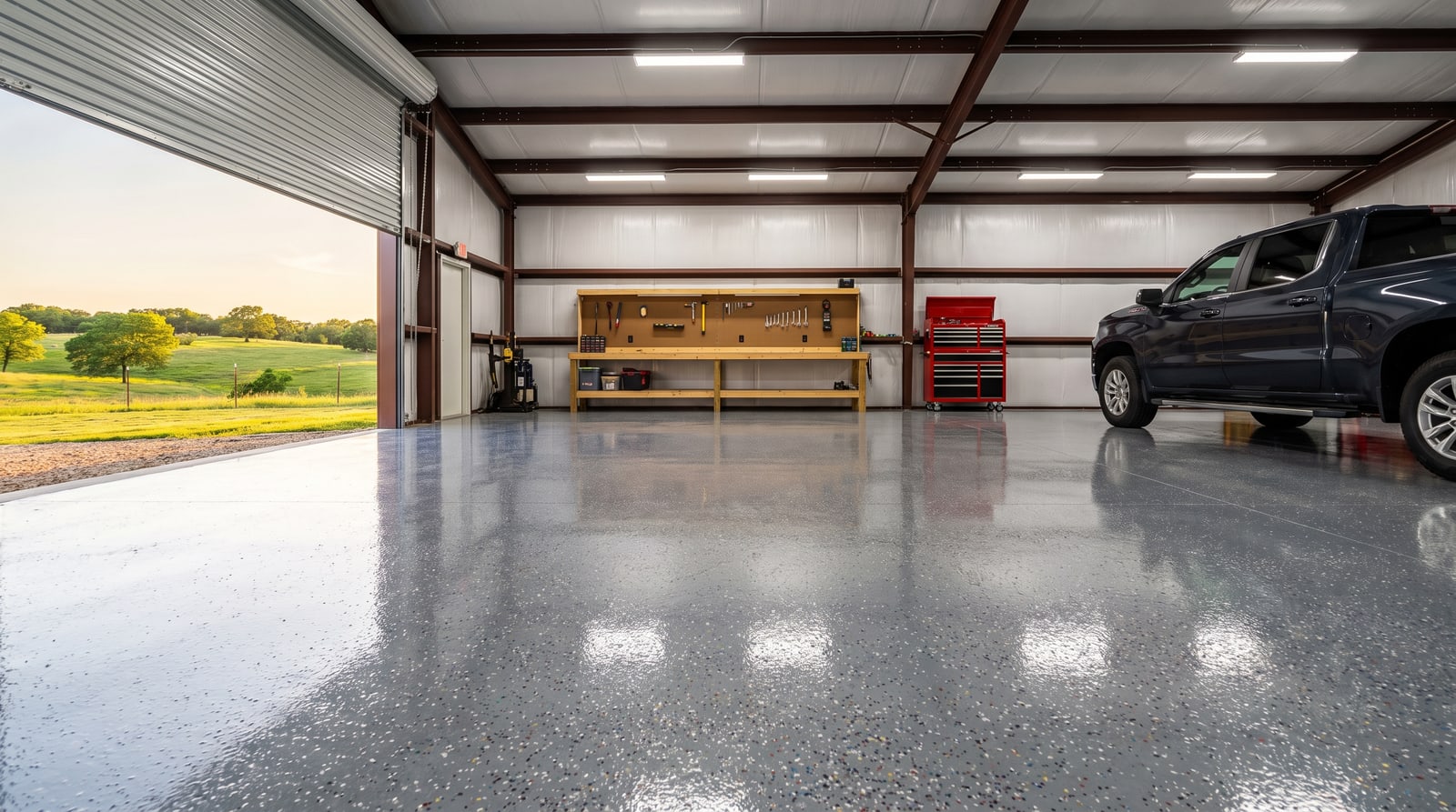 A metal building workshop in North Texas with a glossy gray flake epoxy coated concrete floor, workbench, and pickup truck