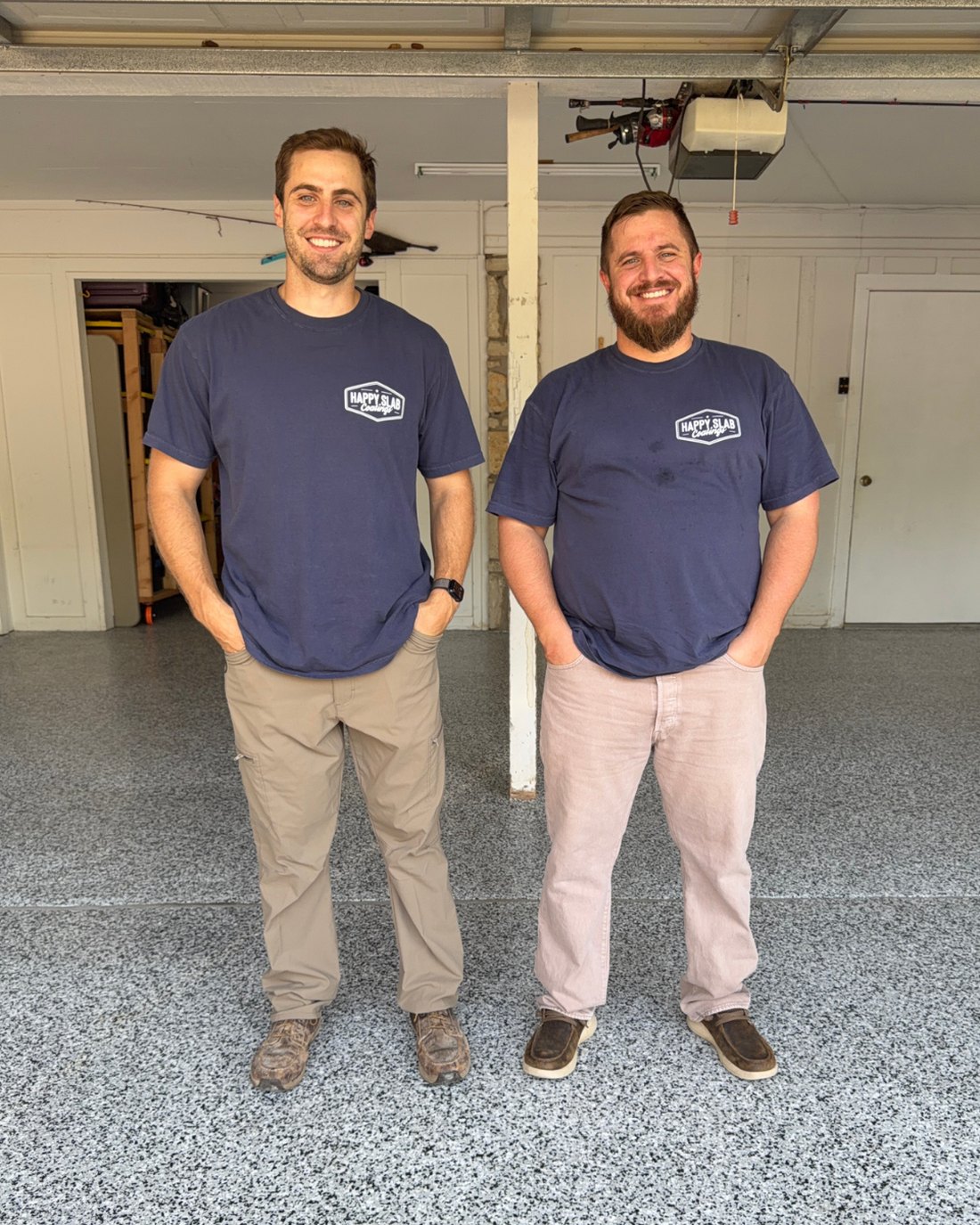 Kason and Keaton Fornes of Happy Slab Coatings standing on a finished flake garage floor in Granbury, TX