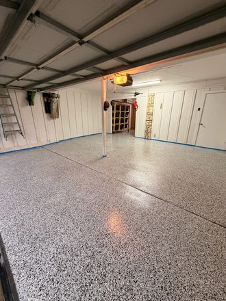Finished flake garage floor by Happy Slab Coatings