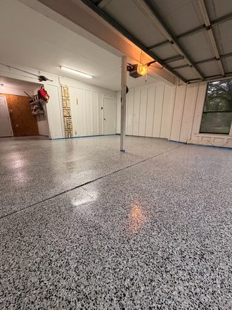 Finished flake garage floor by Happy Slab Coatings