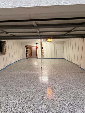Finished flake garage floor by Happy Slab Coatings